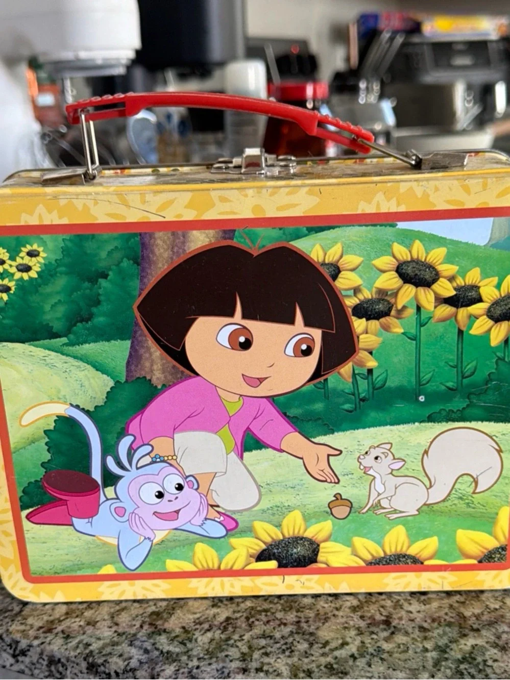 Vintage Dora the Explorer Yellow Kids Tin Lunchbox with Red Handle